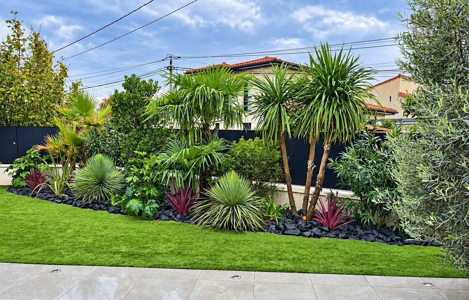 Un jardin aménagé avec un massif de palmiers, de yuccas et de plantes colorées sur un lit de pierres noires, devant une pelouse et une terrasse en carrelage.