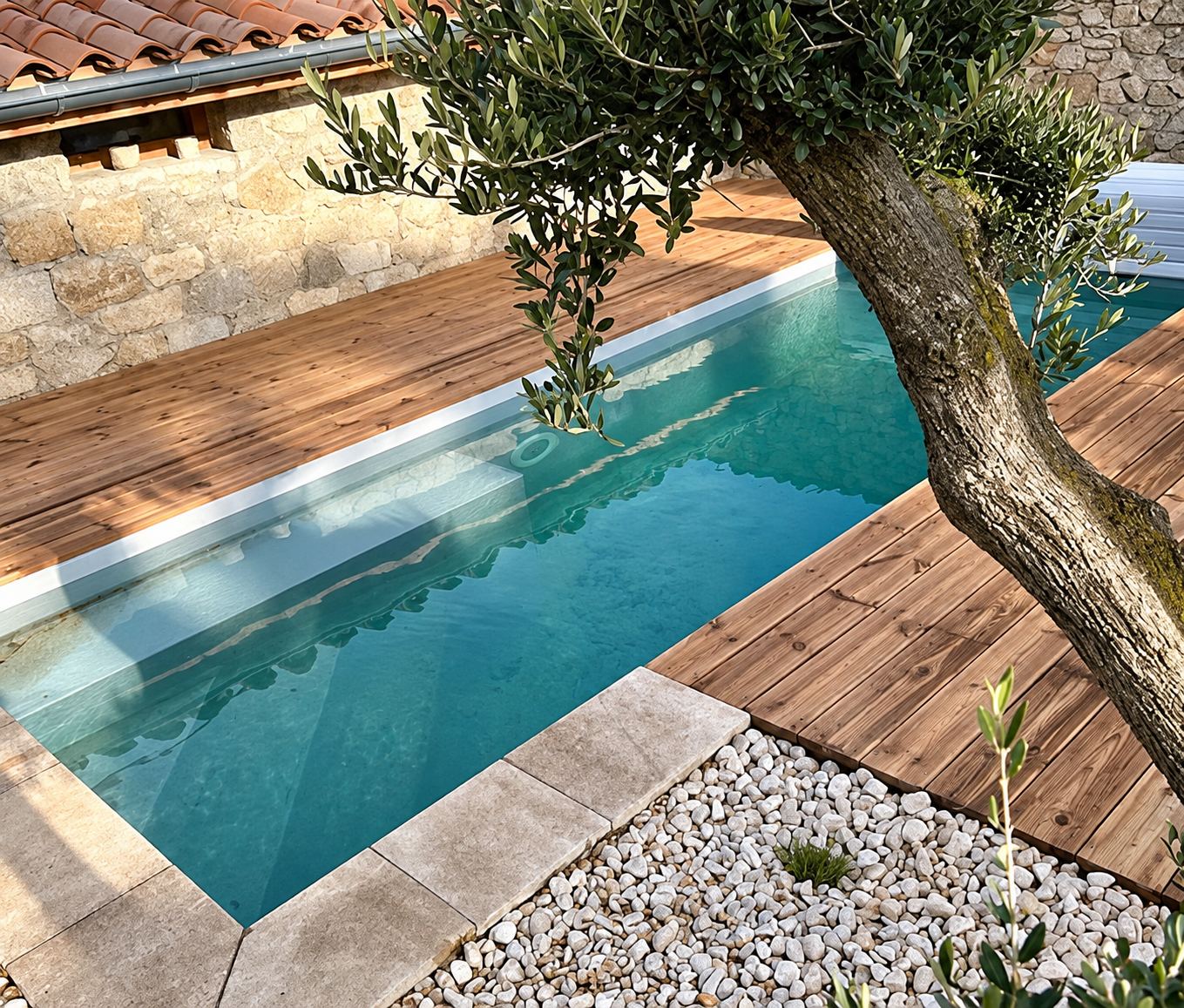Une petite piscine à l'eau turquoise bordée de dalles en pierre et d'une terrasse en bois, avec un olivier et des galets blancs au premier plan.