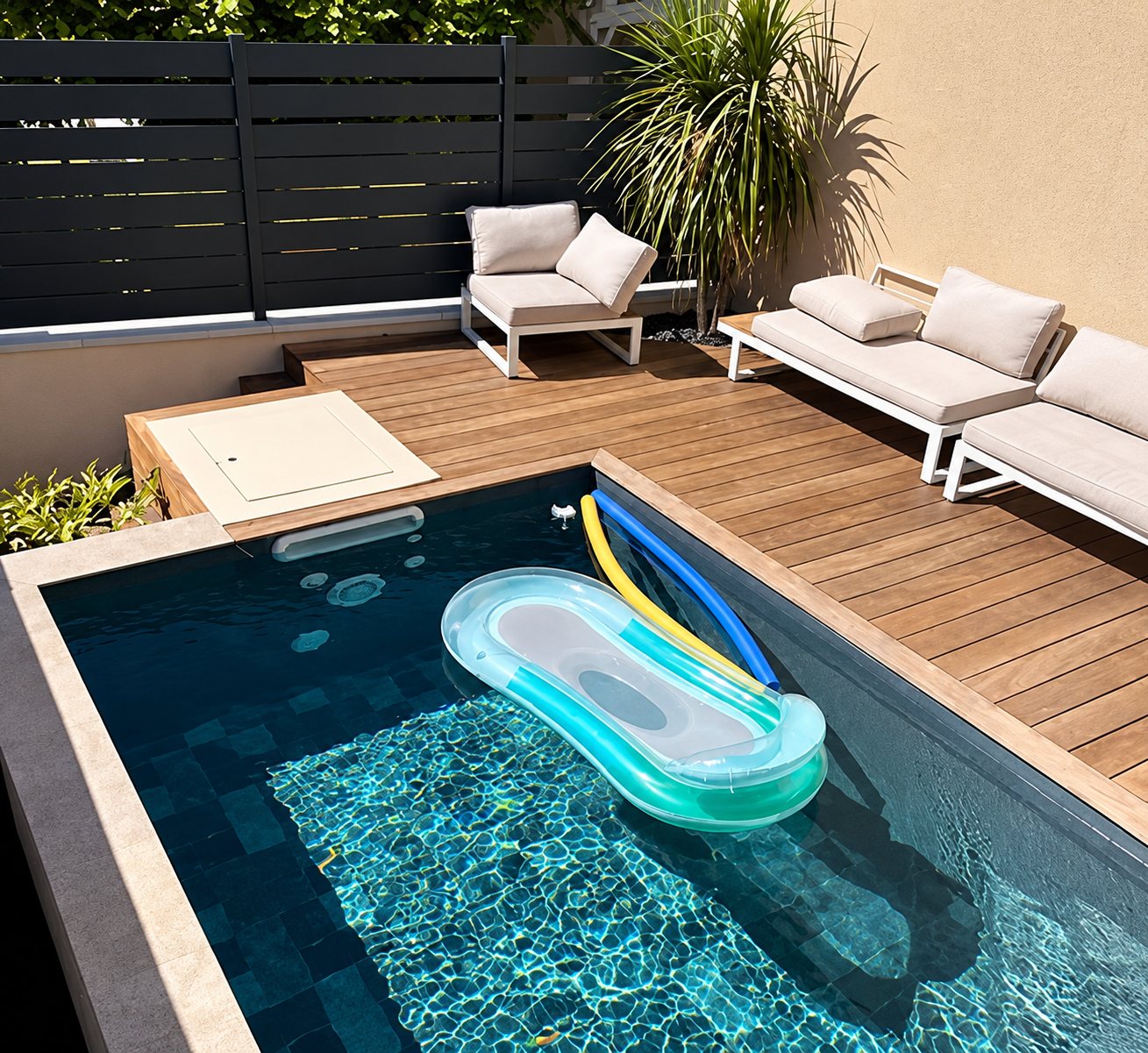 Une petite piscine rectangulaire au carrelage sombre, avec un matelas gonflable et des frites, entourée d'une terrasse en bois et de fauteuils blancs.
