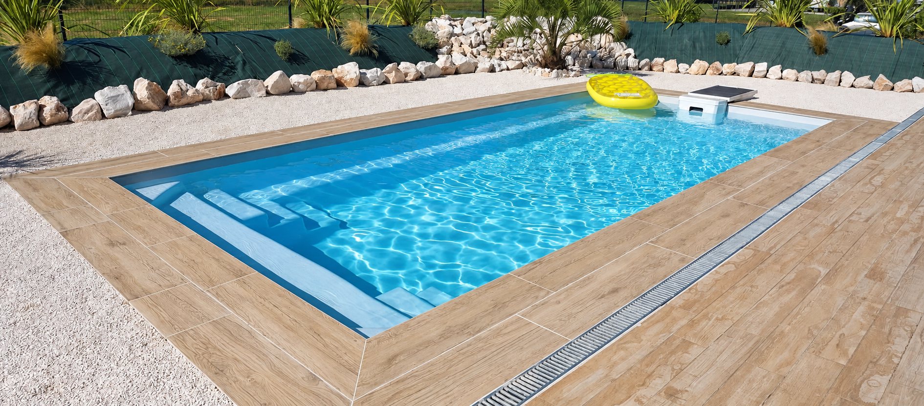 Piscine rectangulaire à l'eau turquoise entourée de margelles effet bois, de graviers blancs et de rochers, avec un matelas gonflable jaune sur l'eau.