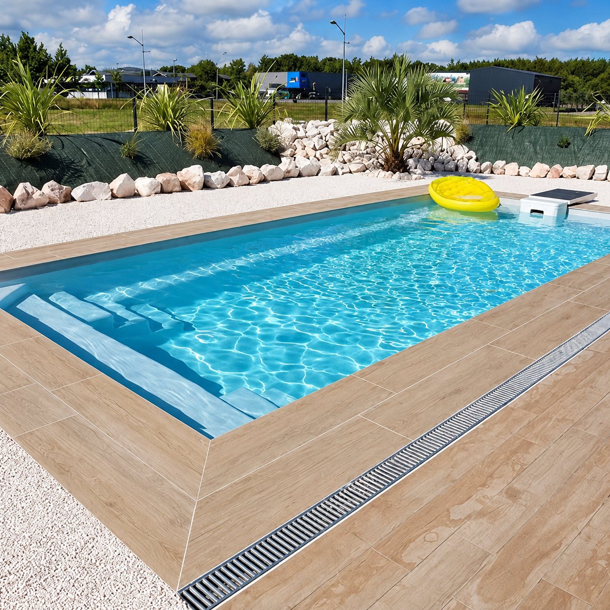 Une piscine rectangulaire à l'eau turquoise entourée d'une plage en carrelage imitation bois, de gravier blanc et de grosses pierres, avec une bouée jaune qui flotte.