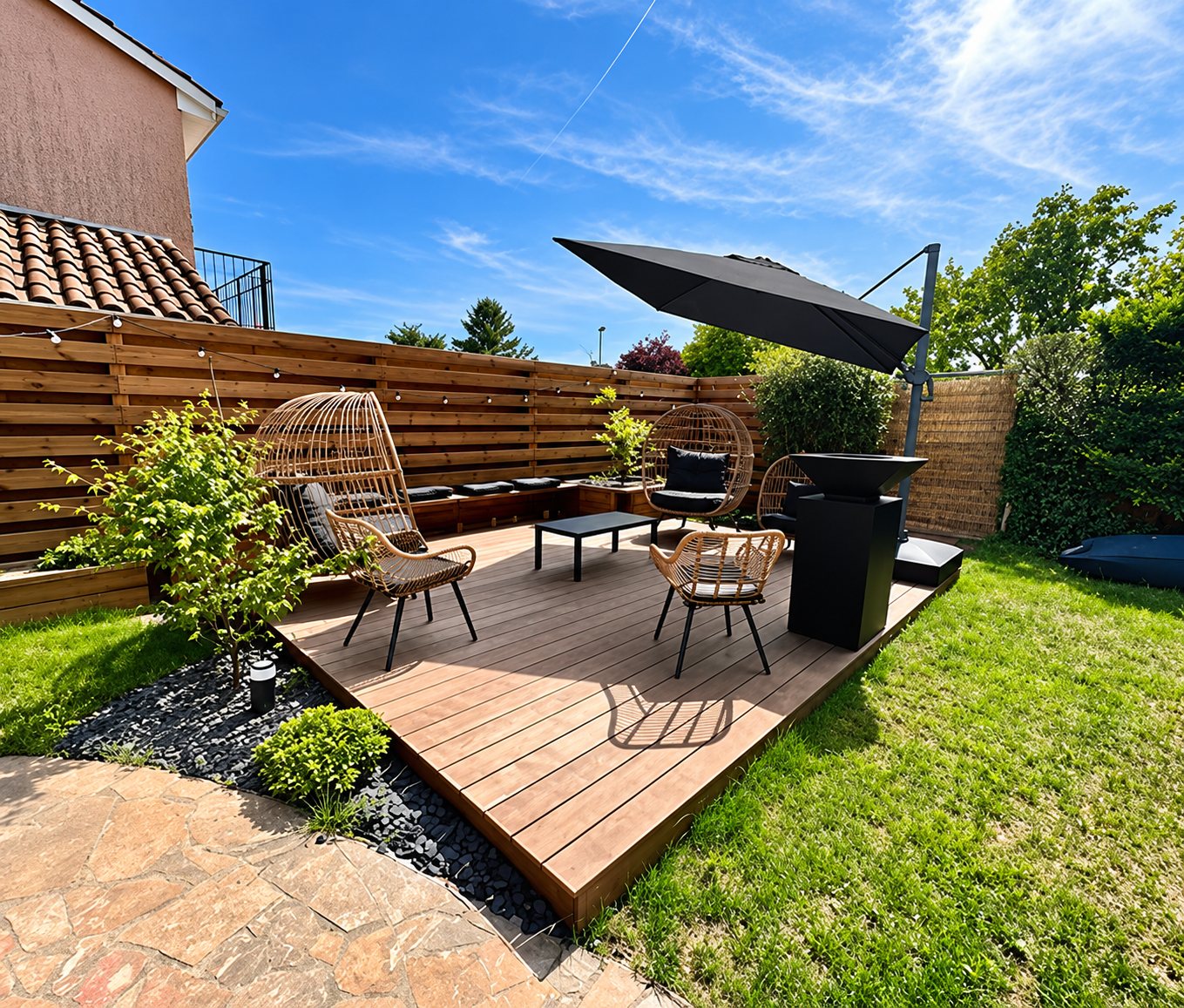 Une terrasse en bois surélevée dans un jardin clos, meublée de fauteuils en rotin, d'une table basse, d'un grand parasol déporté et d'un barbecue, entourée d'une pelouse et d'une clôture en bois.