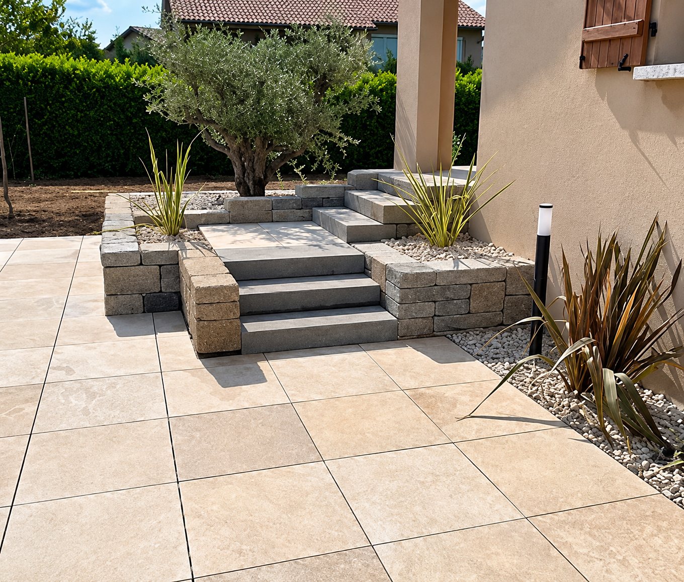 Une terrasse extérieure aménagée avec de grandes dalles beiges, un escalier en blocs de pierre grise, des graviers, des plantes décoratives et un olivier en arrière-plan.